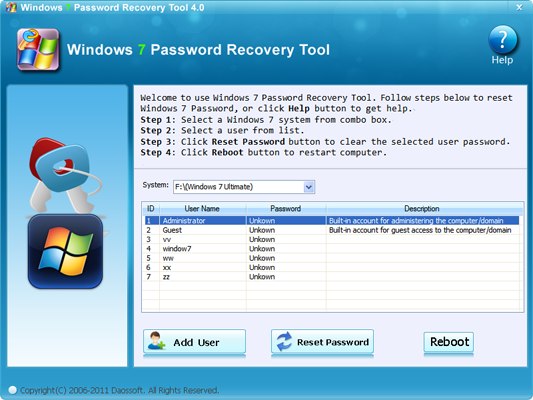 Programm Daososft Windows 7 Password Recovery Tool 1